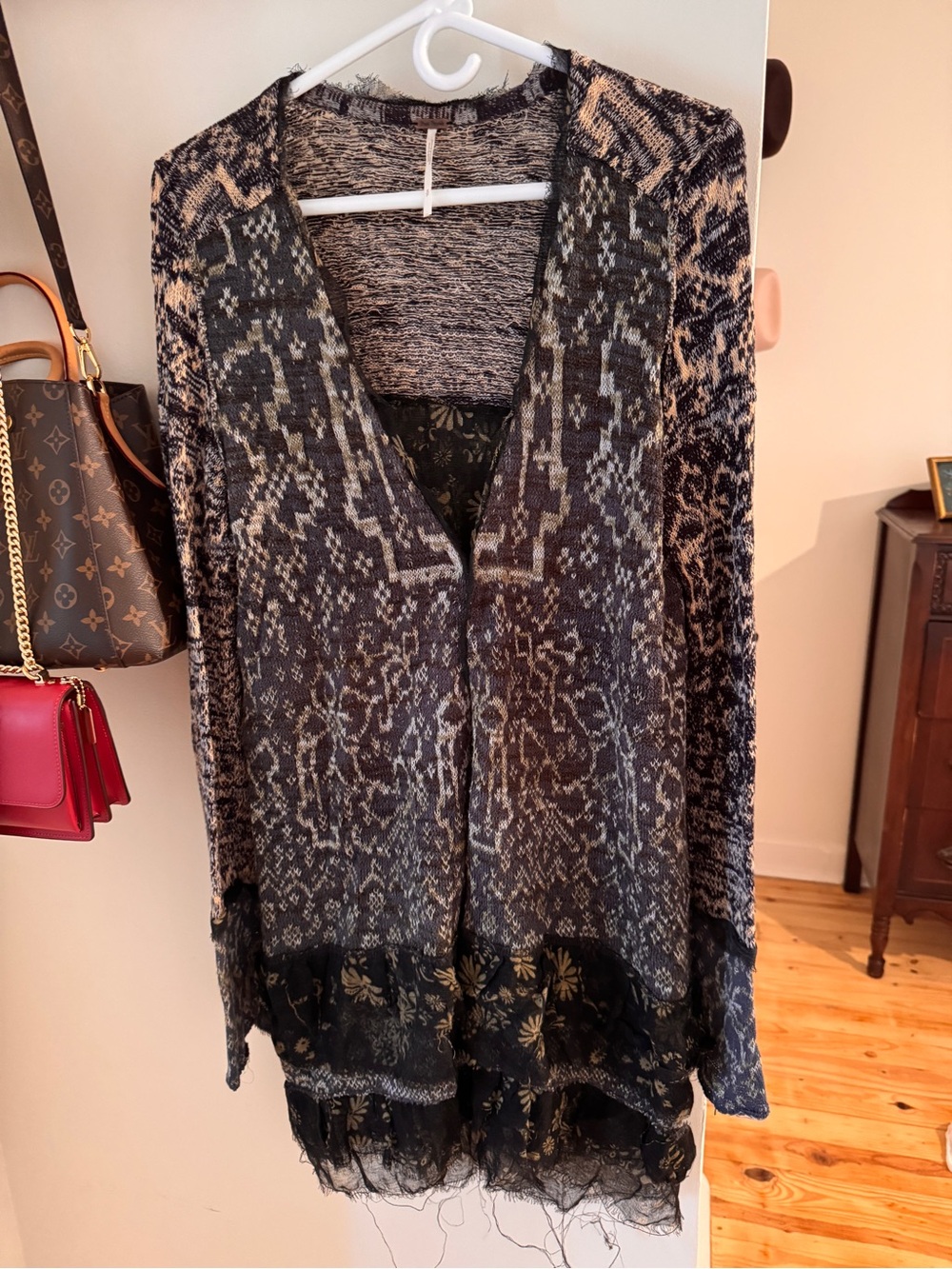 Free People Black and Gray Boho Lace-Hem Cardigan